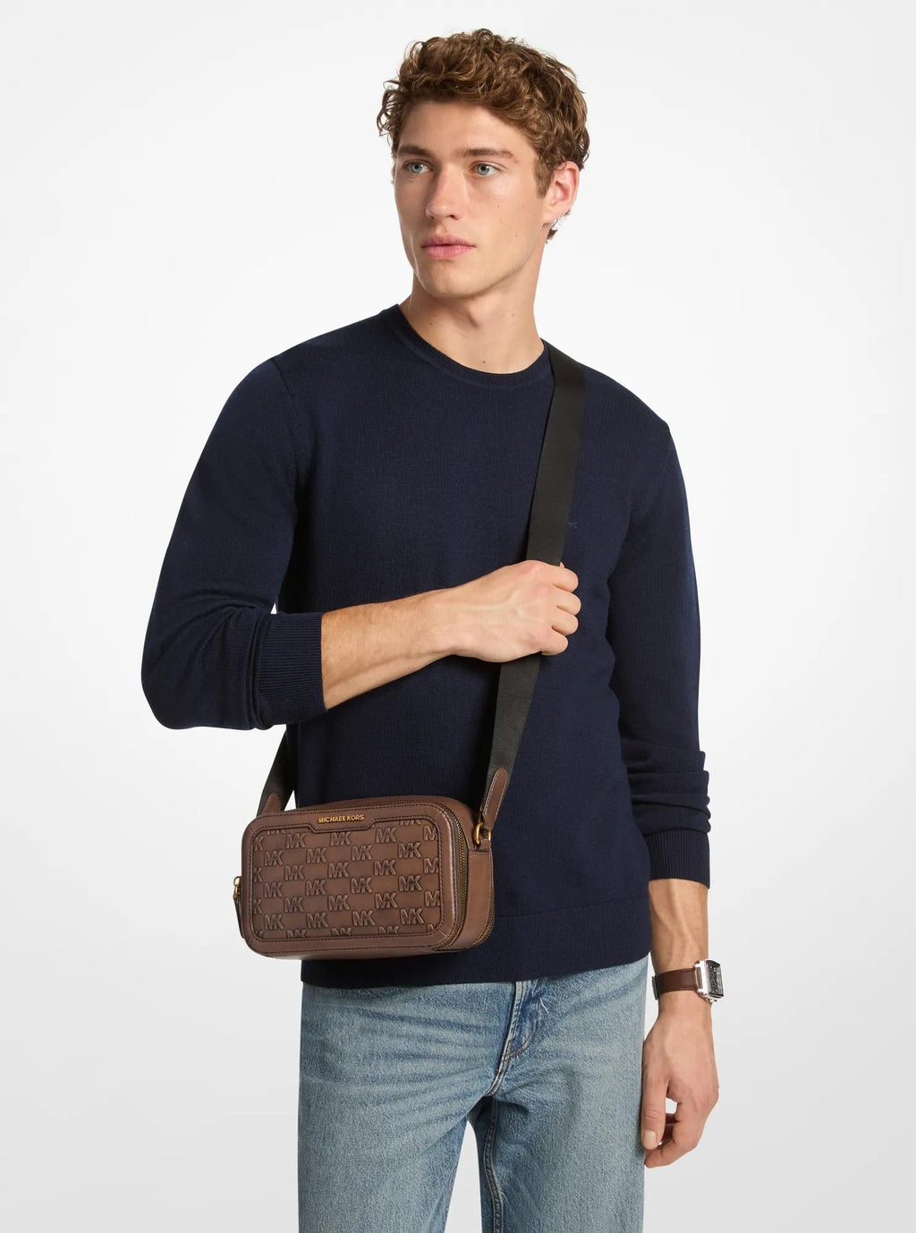 Michael Kors Hudson Signature Logo Embossed Burnished Leather Crossbody Bag Bag