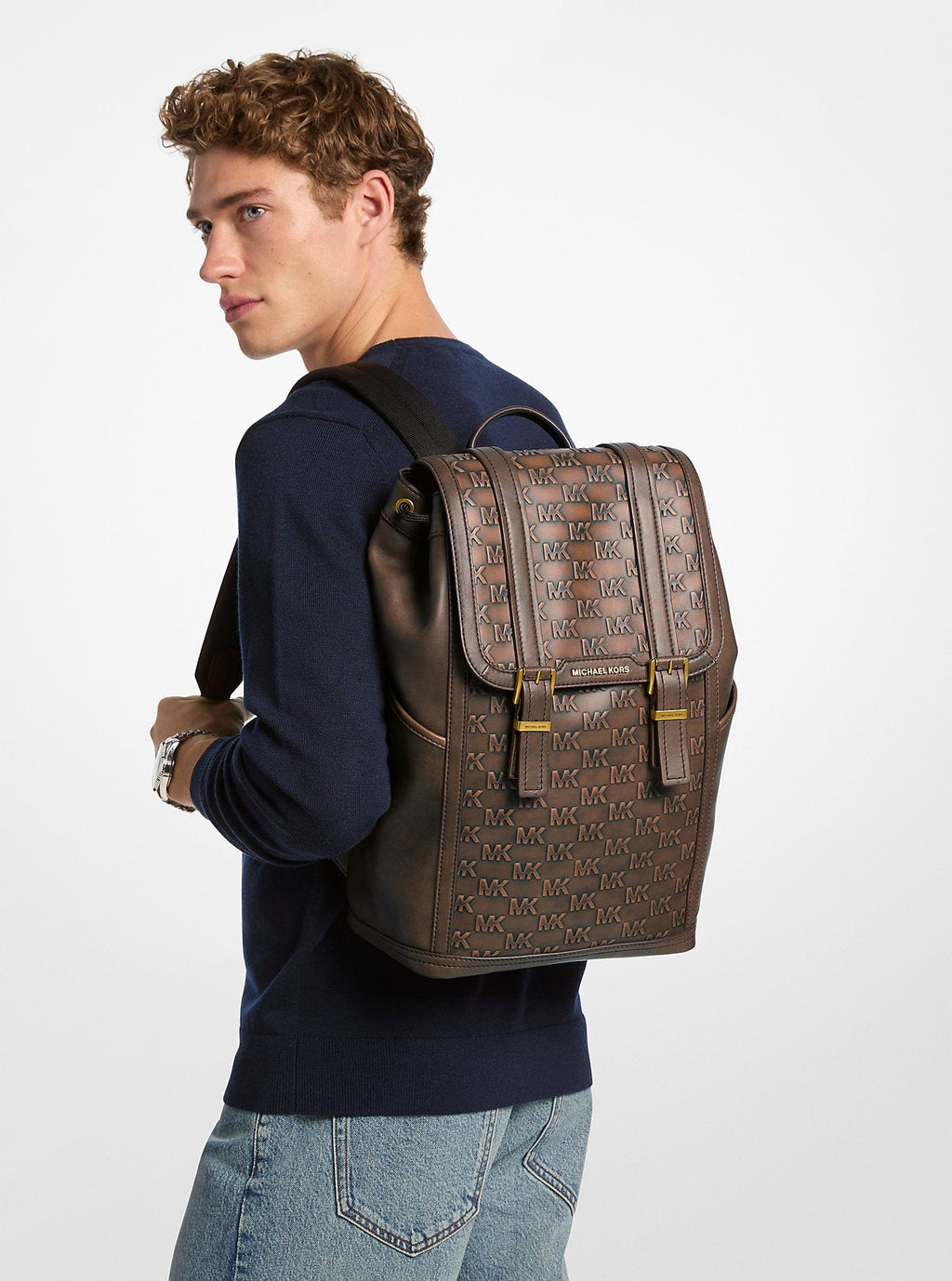 Michael Kors Colby Medium Signature Logo Embossed Burnished Leather Backpack Travel School Bag