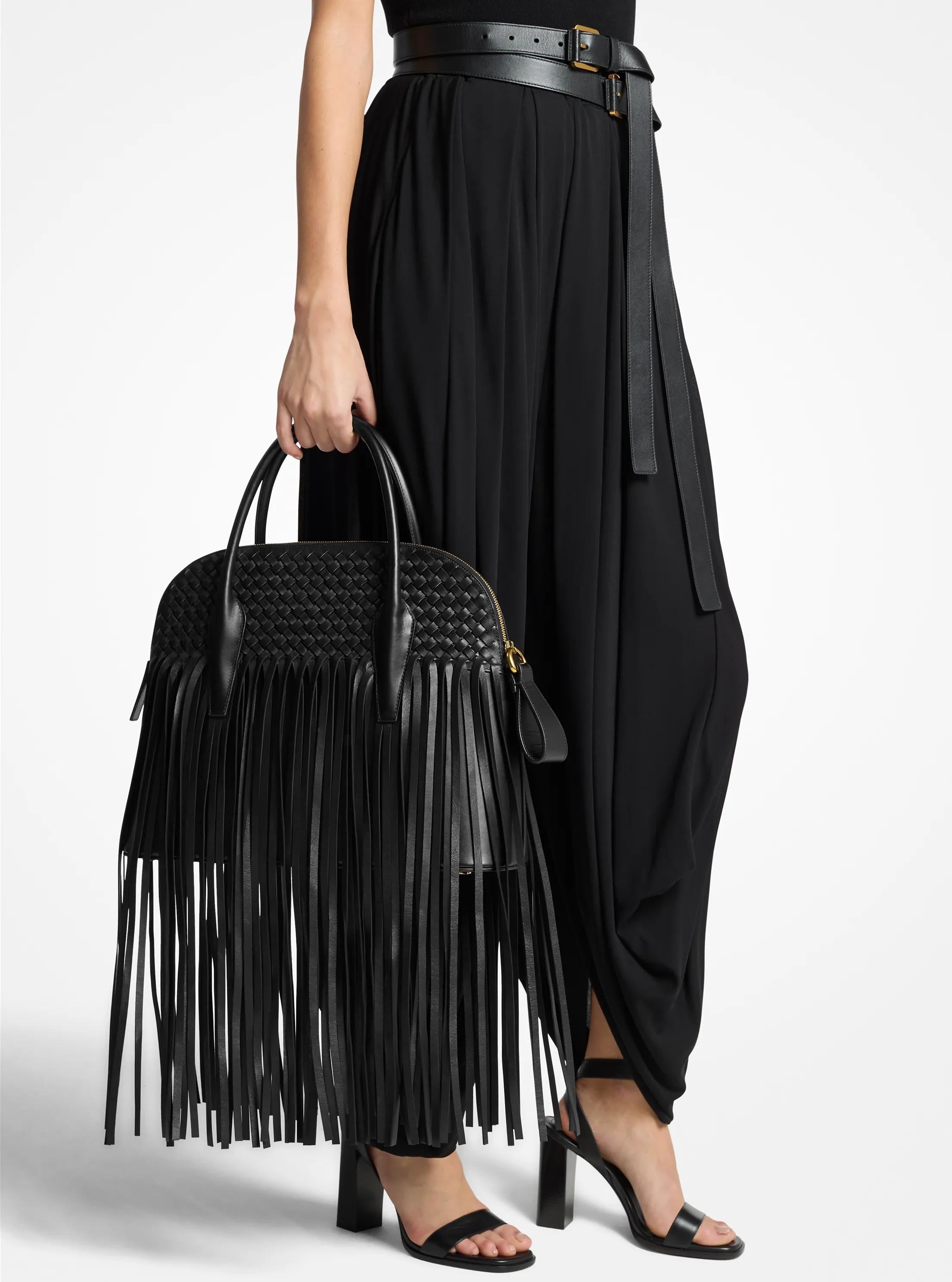 Michael Kors Kaitlin Large Fringed Woven Leather Dome Satchel