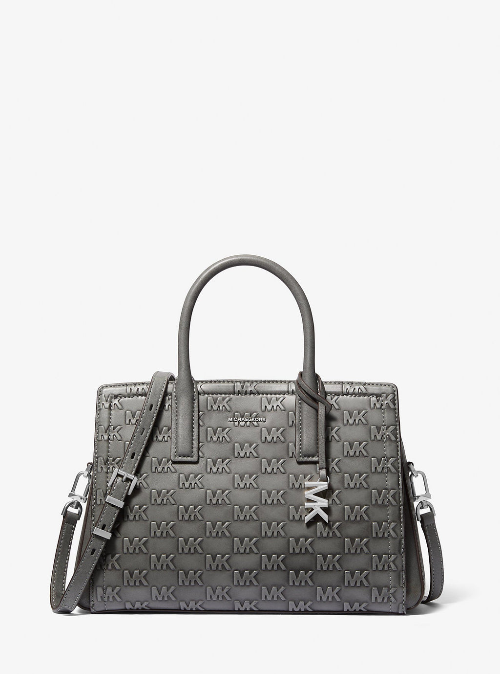 Michael Kors Laila Medium Signature Logo Embossed Burnished Leather Satchel