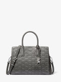 Michael Kors Laila Medium Signature Logo Embossed Burnished Leather Satchel