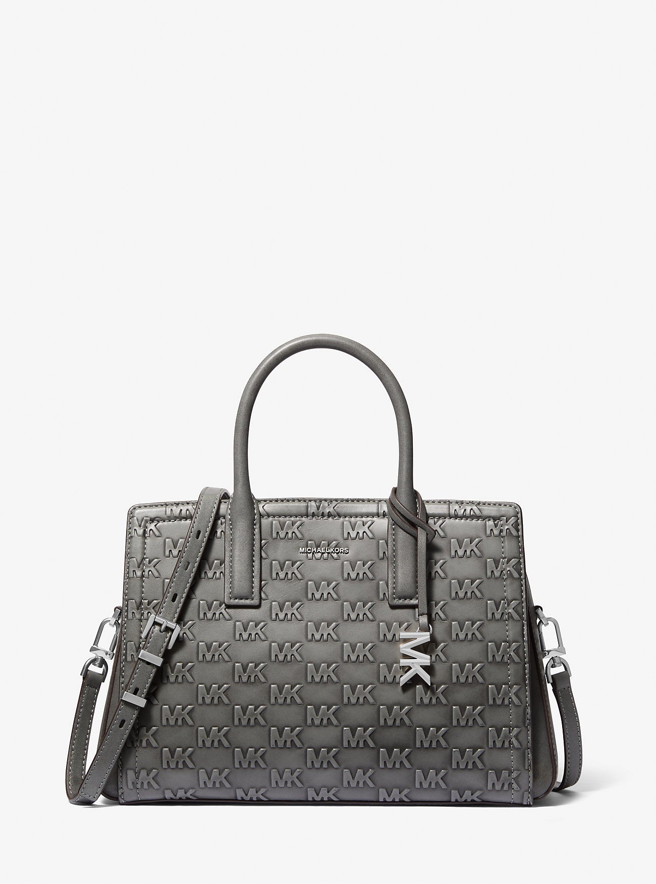 Michael Kors Laila Medium Signature Logo Embossed Burnished Leather Satchel