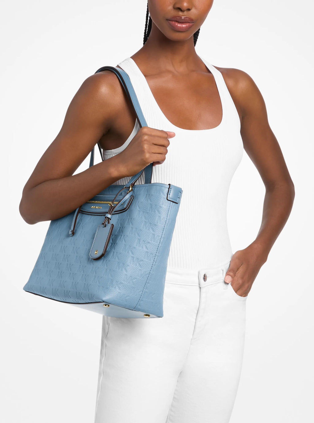 Michael Kors Jet Set Travel Medium Signature Logo Embossed Leather Tote Bag Work Shoulder Bag