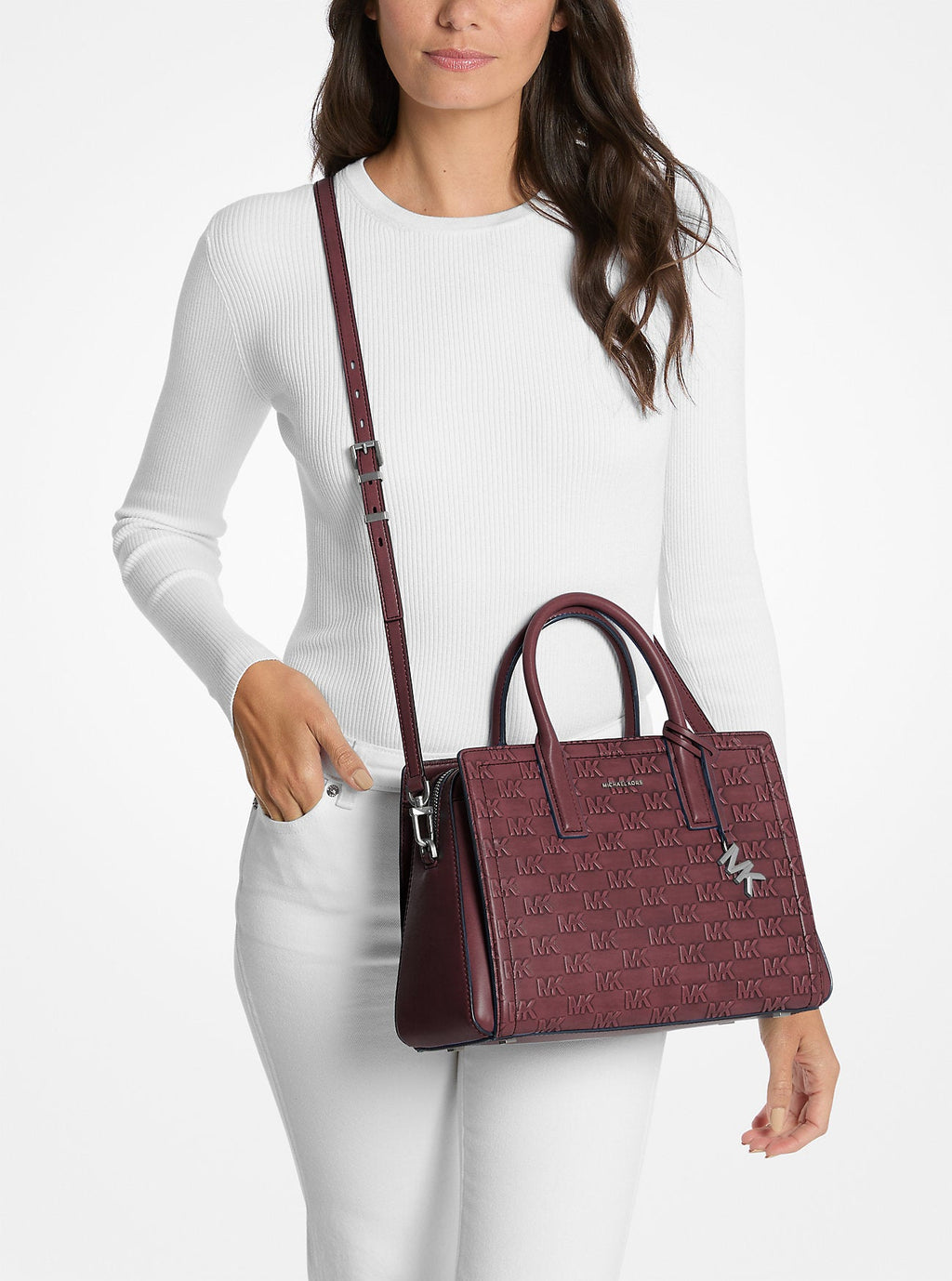 Michael Kors Laila Medium Signature Logo Embossed Burnished Leather Satchel