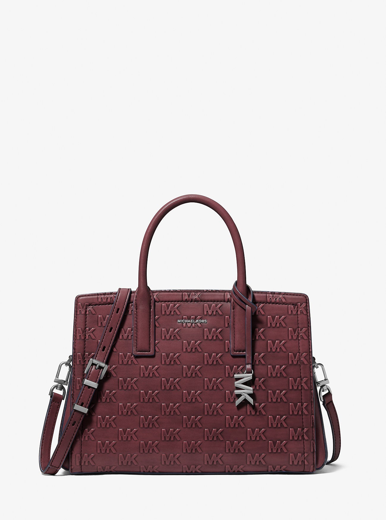 Michael Kors Laila Medium Signature Logo Embossed Burnished Leather Satchel
