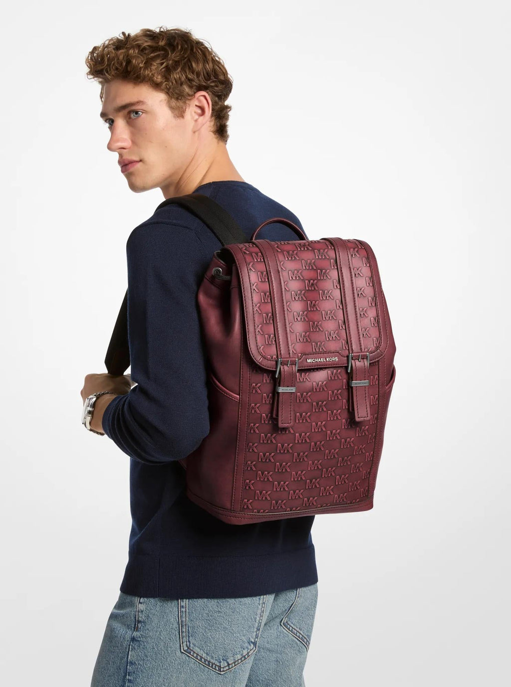 Michael Kors Colby Medium Signature Logo Embossed Burnished Leather Backpack Travel School Bag