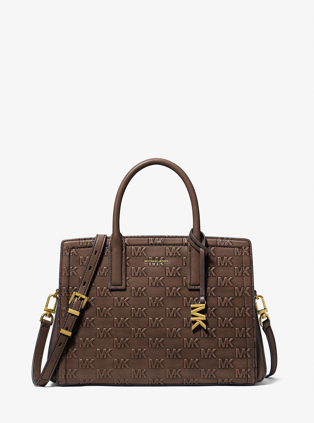 Michael Kors Laila Medium Signature Logo Embossed Burnished Leather Satchel