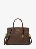 Michael Kors Laila Medium Signature Logo Embossed Burnished Leather Satchel