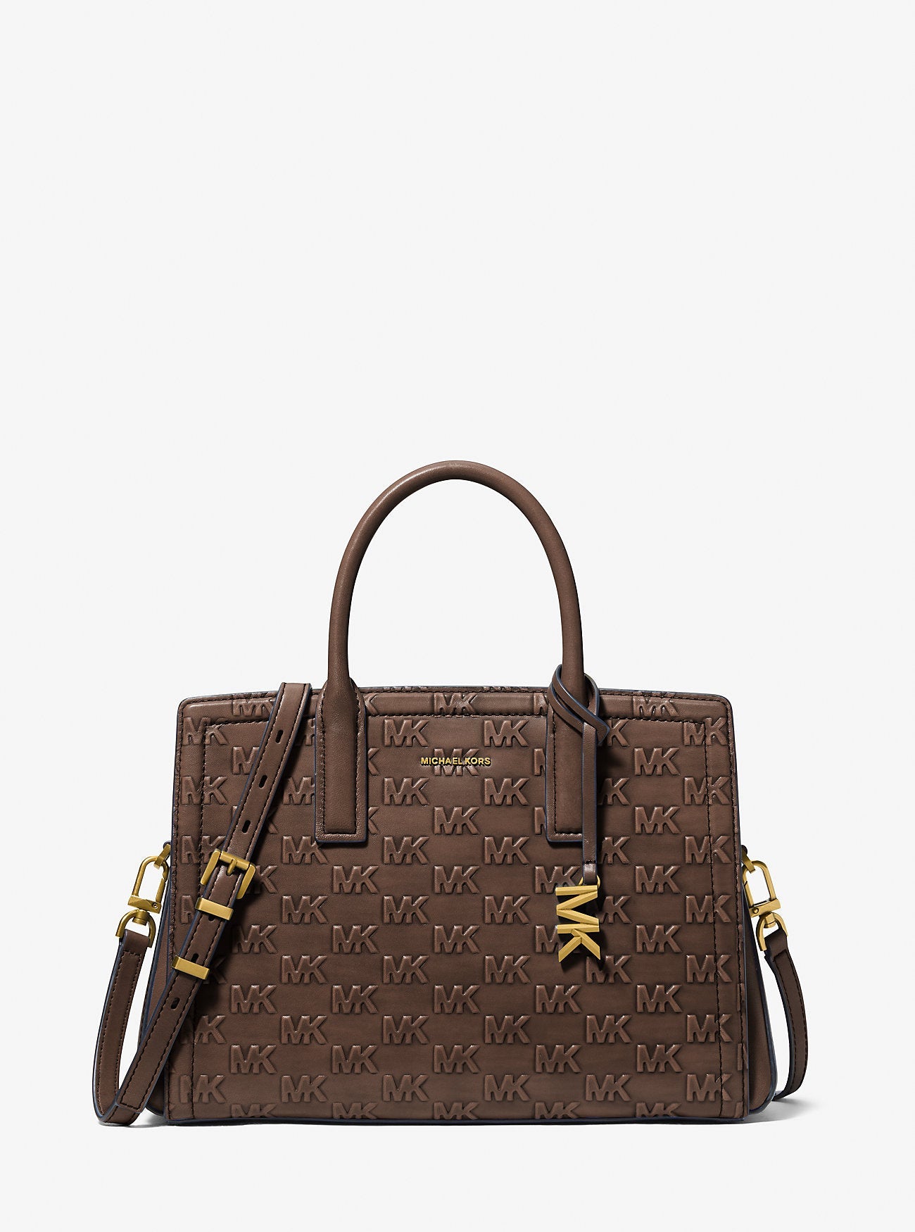 Michael Kors Laila Medium Signature Logo Embossed Burnished Leather Satchel