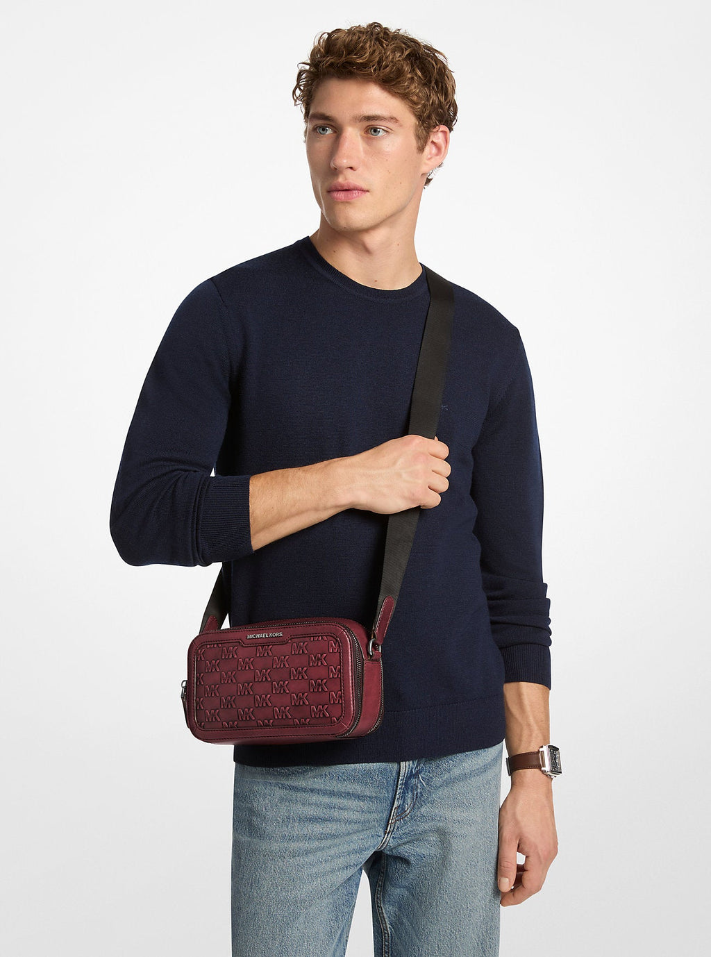 Michael Kors Hudson Signature Logo Embossed Burnished Leather Crossbody Bag Bag