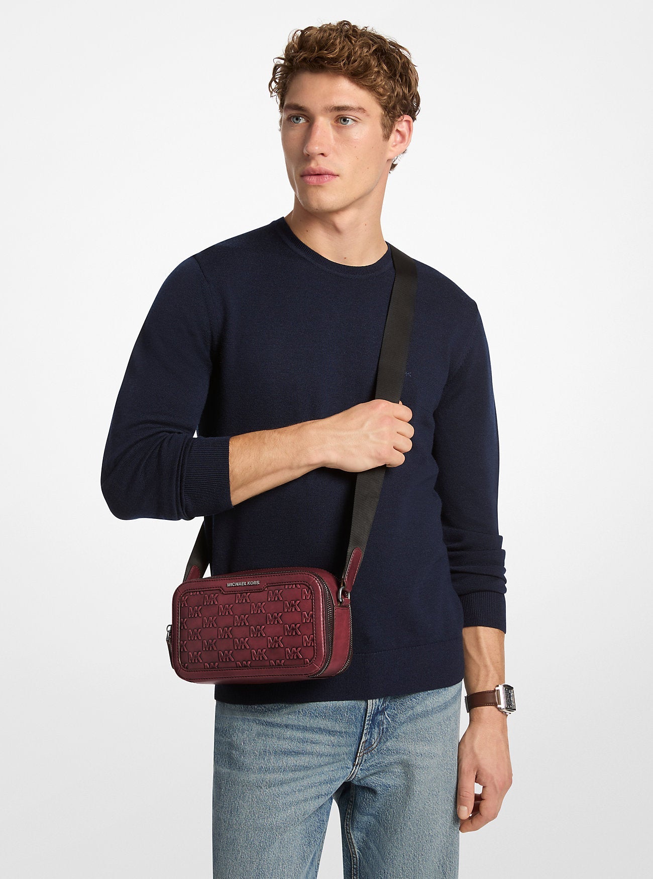 Michael Kors Hudson Signature Logo Embossed Burnished Leather Crossbody Bag Bag