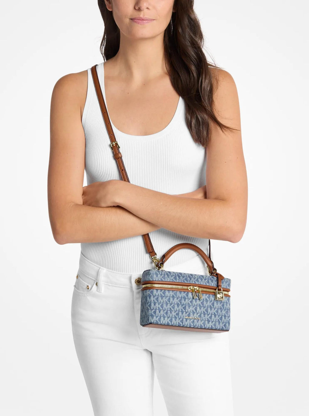 Michael Kors Jana Extra-Small Signature Signature Logo Print Denim Convertible Crossbody Bag Bag