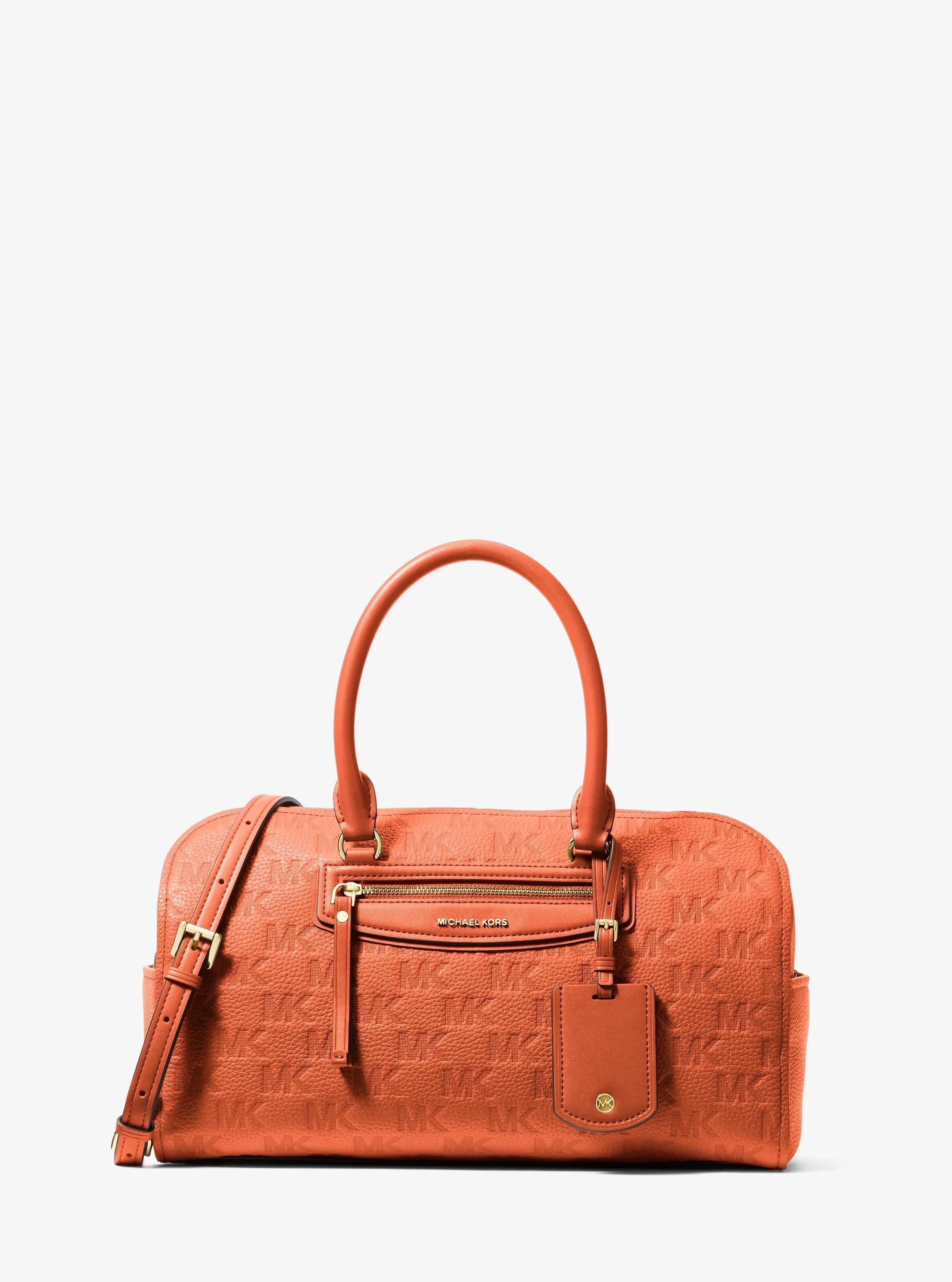 Michael Kors Jet Set Travel Medium Signature Logo Embossed Leather Duffel Crossbody Bag Bag